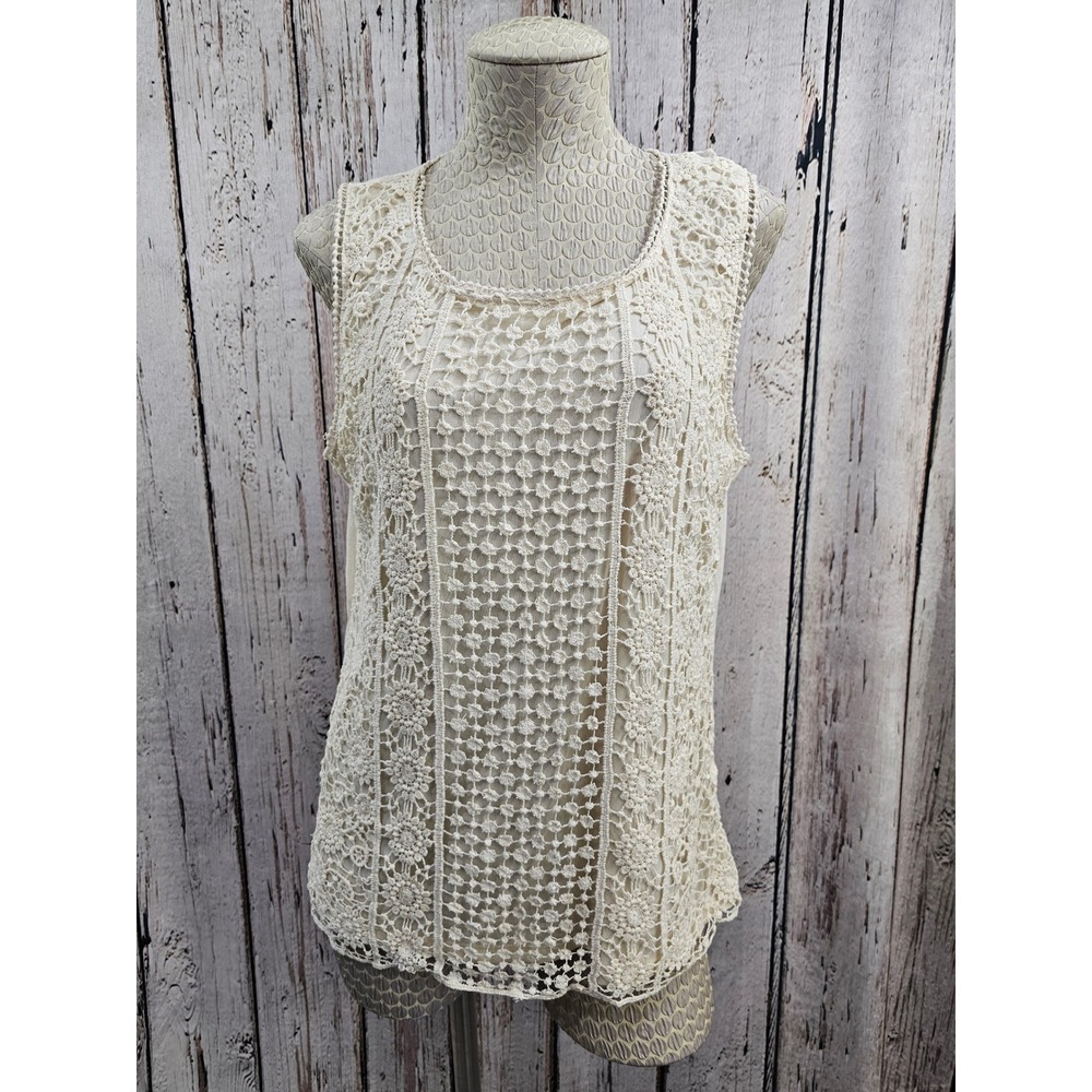 ADIVA Ivory Crochet Lace Overlay Sleeveless Tank Top L Boho Knit Top Festival